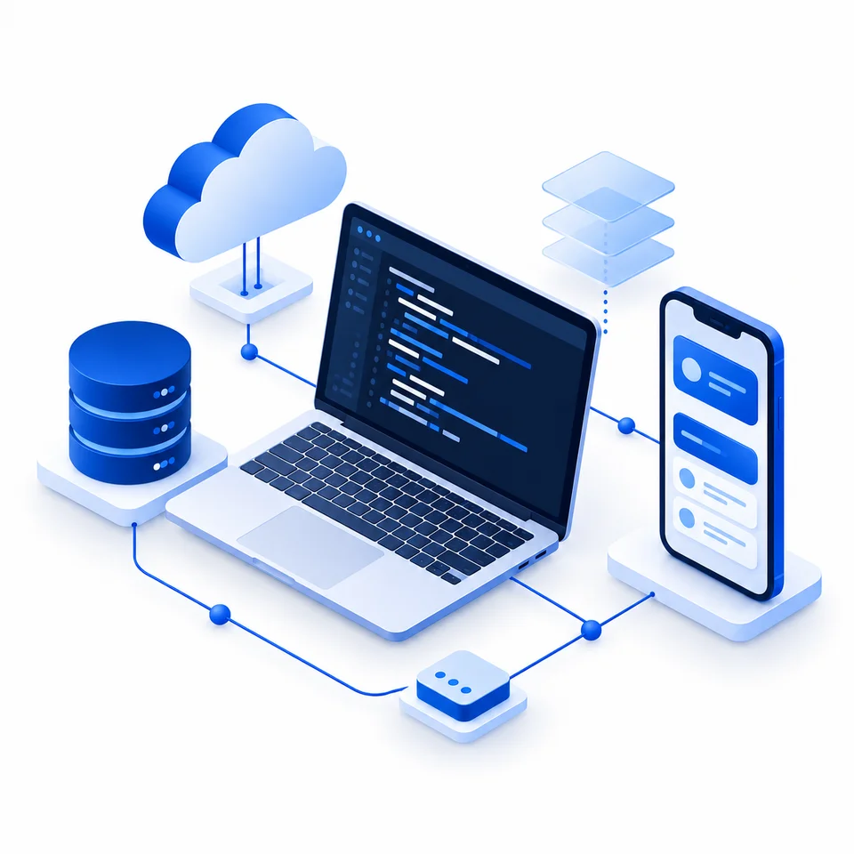 Blue illustration of connected web, mobile, database, and cloud systems
