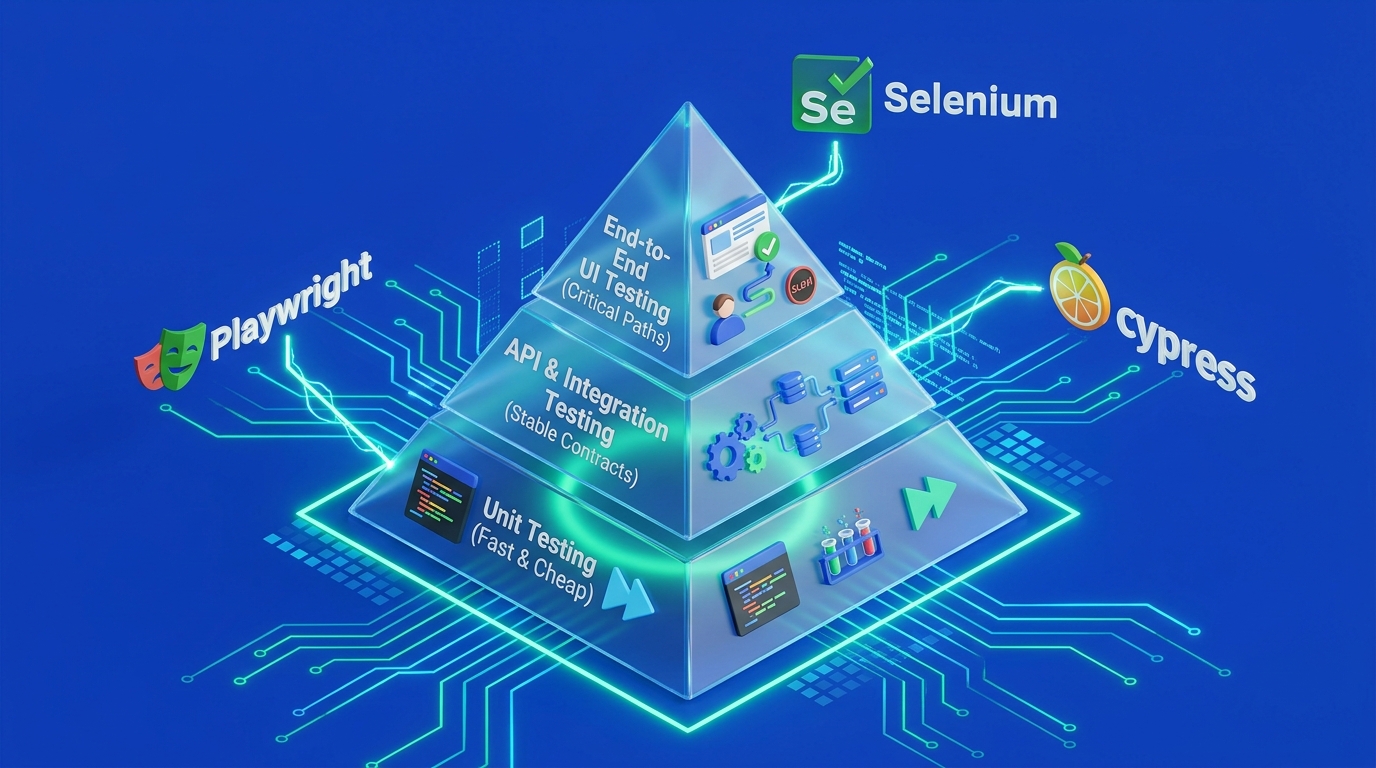 Software Test Automation Pyramid showing Unit, API Integration, and End-to-End layers