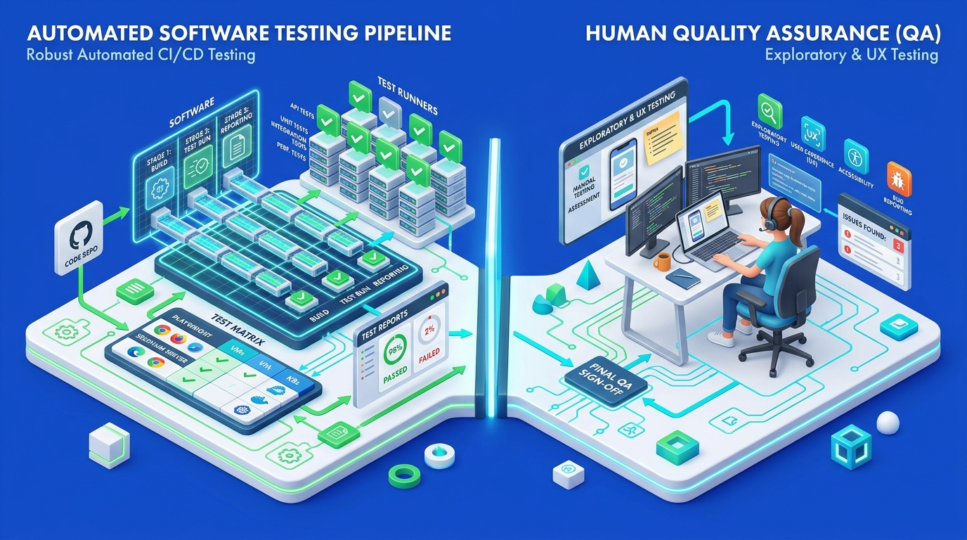 Automated software testing pipeline compared with human exploratory and UX testing
