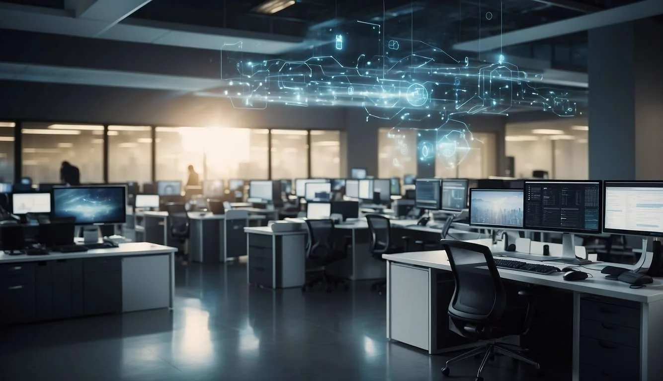 A bustling office with computers seamlessly connecting to the cloud, increasing productivity. Employees work efficiently with cloud-based tools and data storage