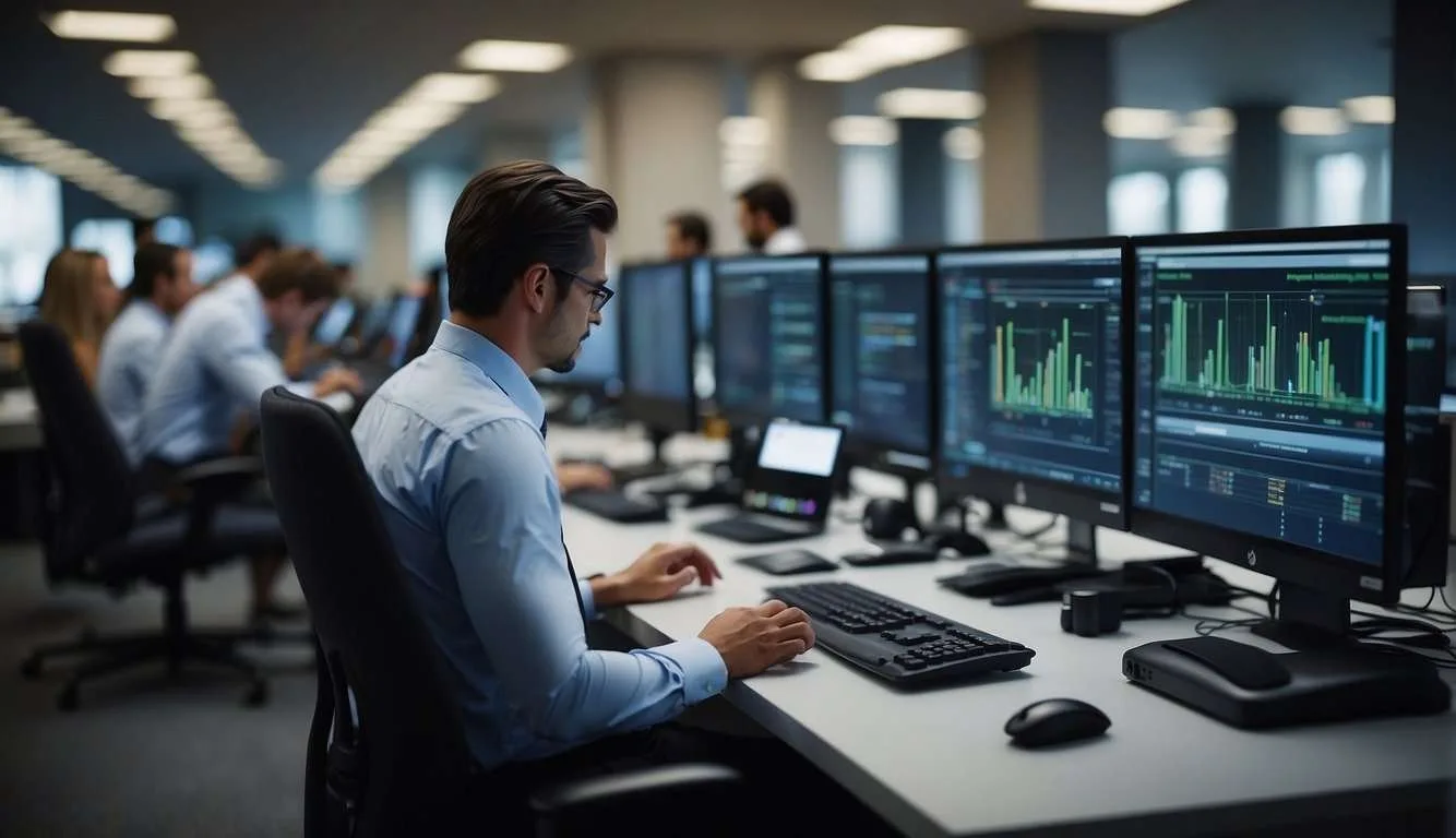 A bustling office with seamless data transfer between devices, workers accessing files from anywhere, and increased efficiency in operations