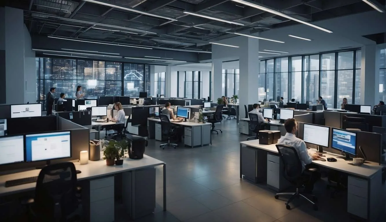 A bustling office with employees seamlessly accessing data from the cloud, leading to efficient collaboration and increased productivity