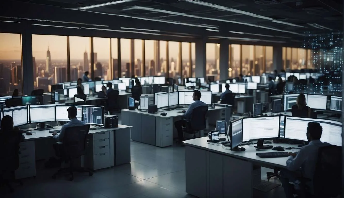 A bustling office with employees working efficiently as data flows seamlessly through a network of interconnected servers, increasing business productivity