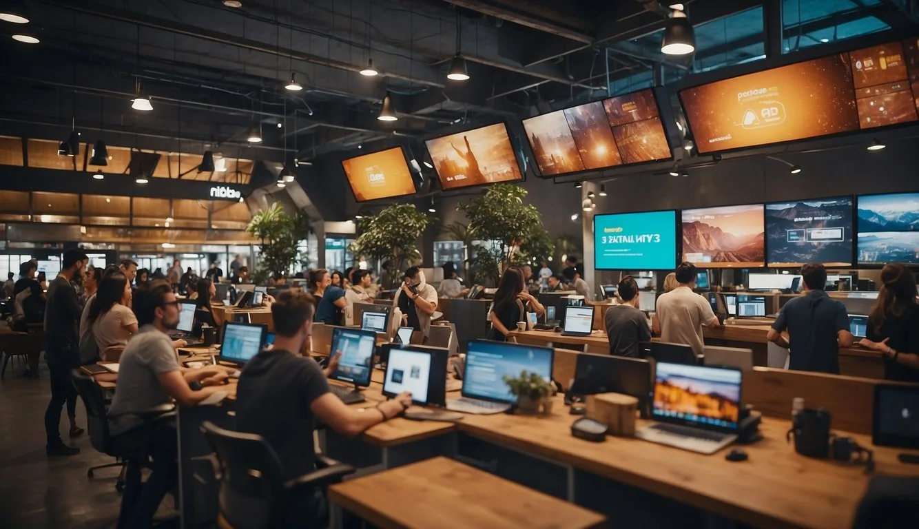 A bustling digital marketplace with diverse users, sharing and collaborating on projects. Vibrant colors and dynamic energy fill the space