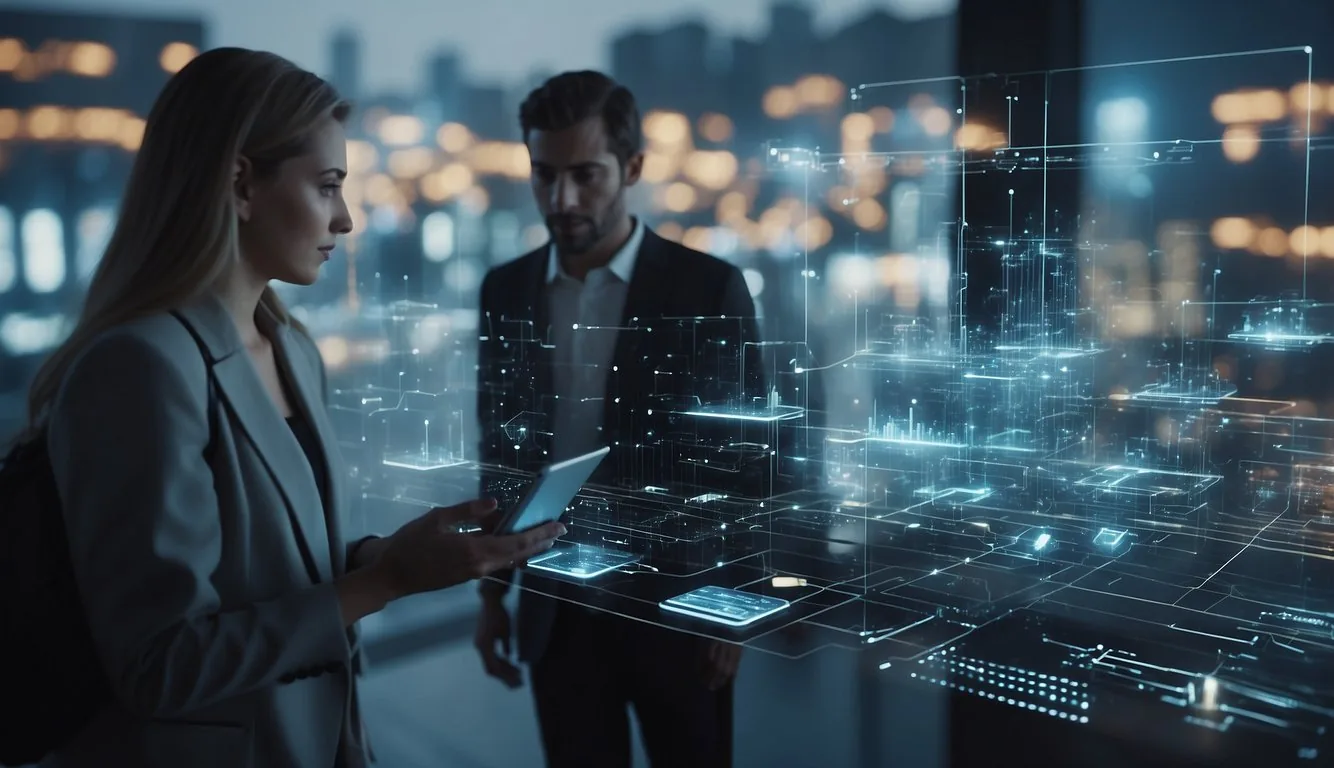 A futuristic cityscape with holographic interfaces and people interacting with virtual screens. A network of interconnected platforms and data streams symbolizing the future of crowdsourcing