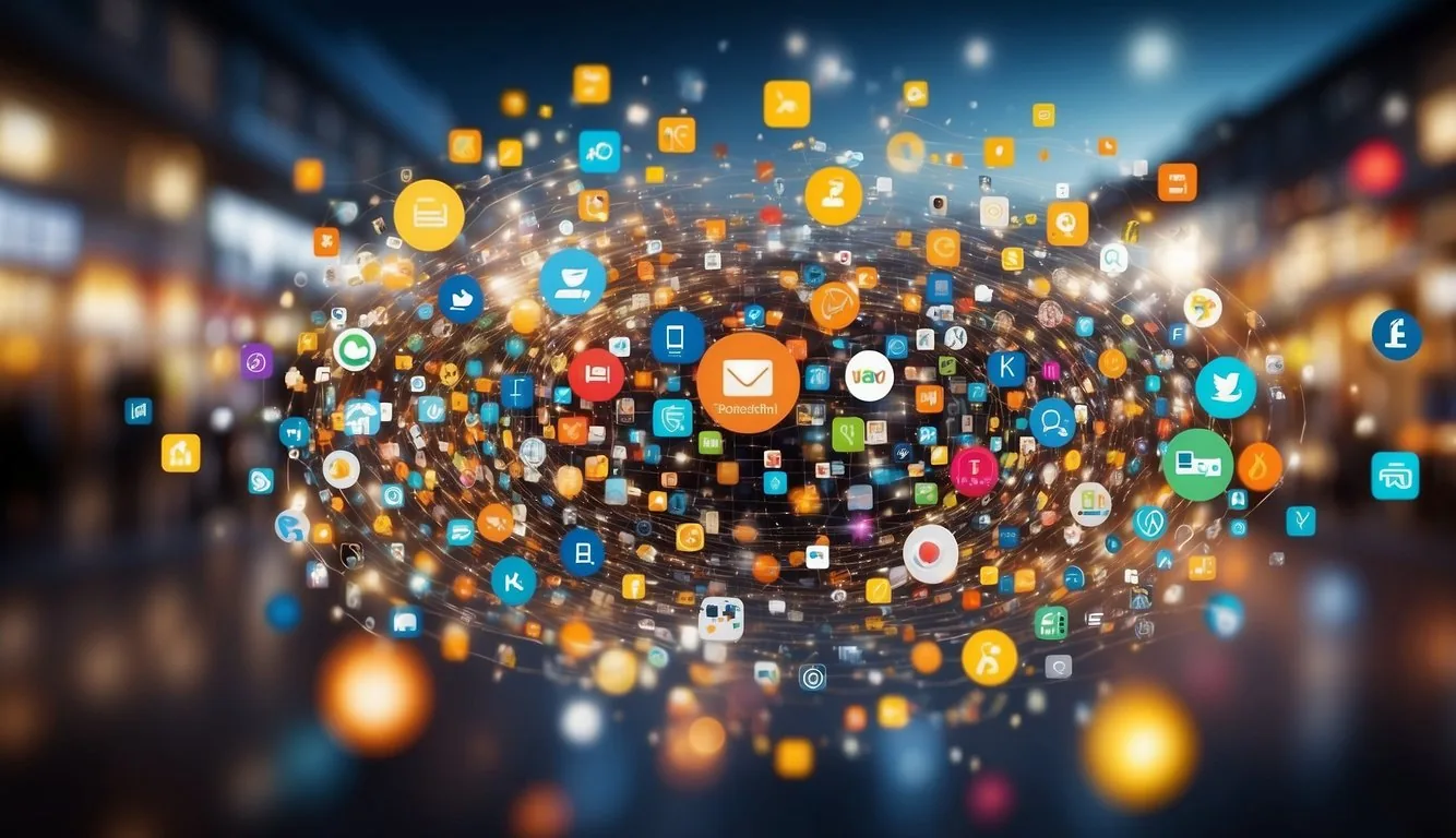 A bustling digital marketplace with various logos and icons representing different crowdsourcing platforms