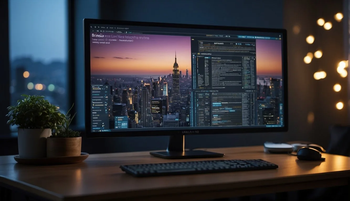 A computer screen displaying network configuration files with a command line interface, while a troubleshooting guide for network connectivity in Linux is open on the desk