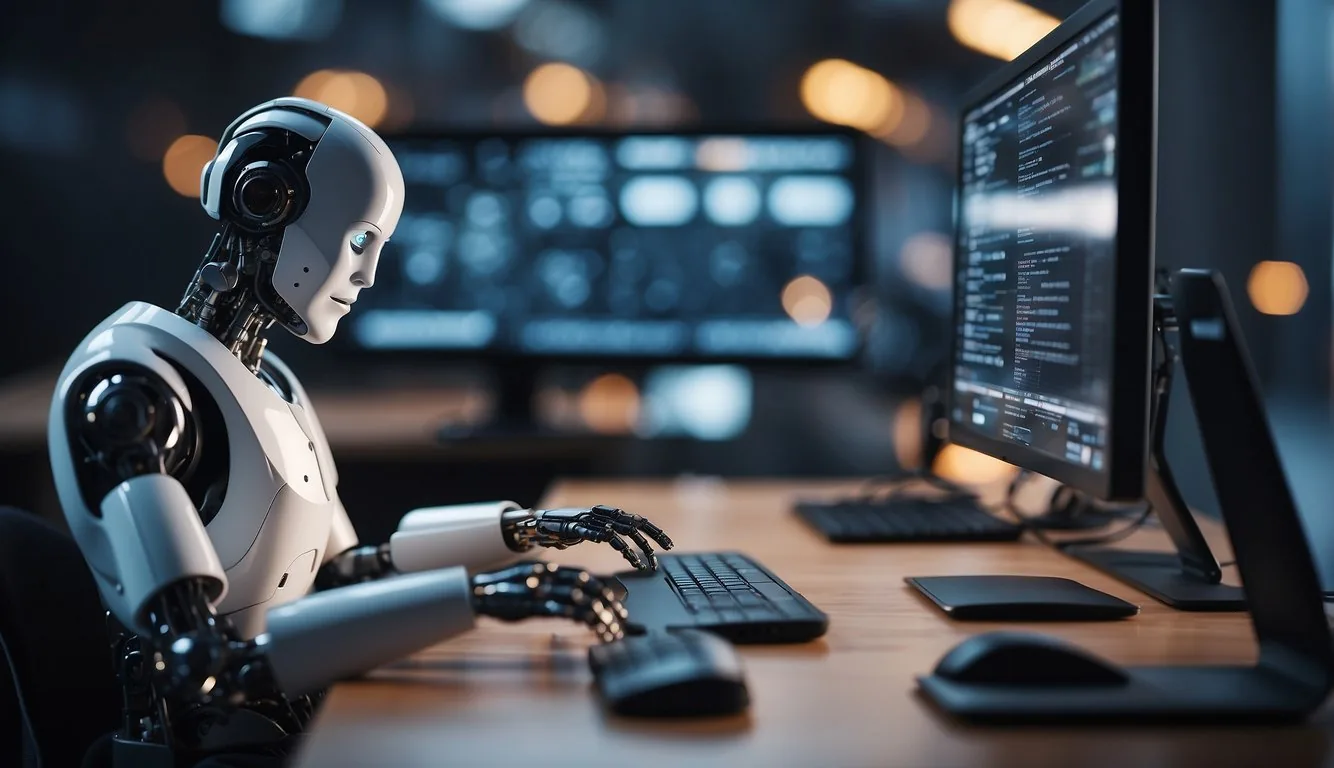 AI coding robot working on computer, replacing human web developer