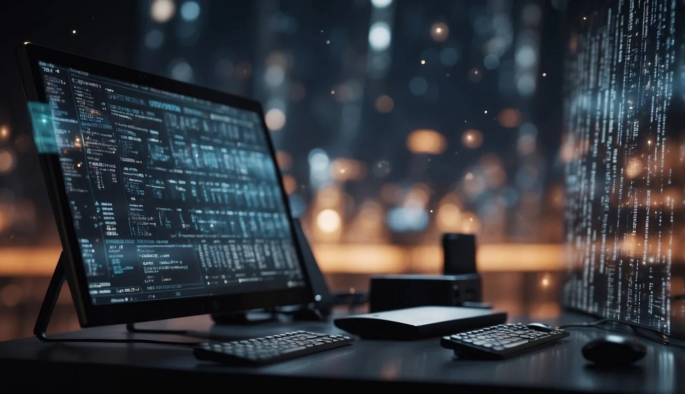 A computer monitor displaying code with AI technology hovering above