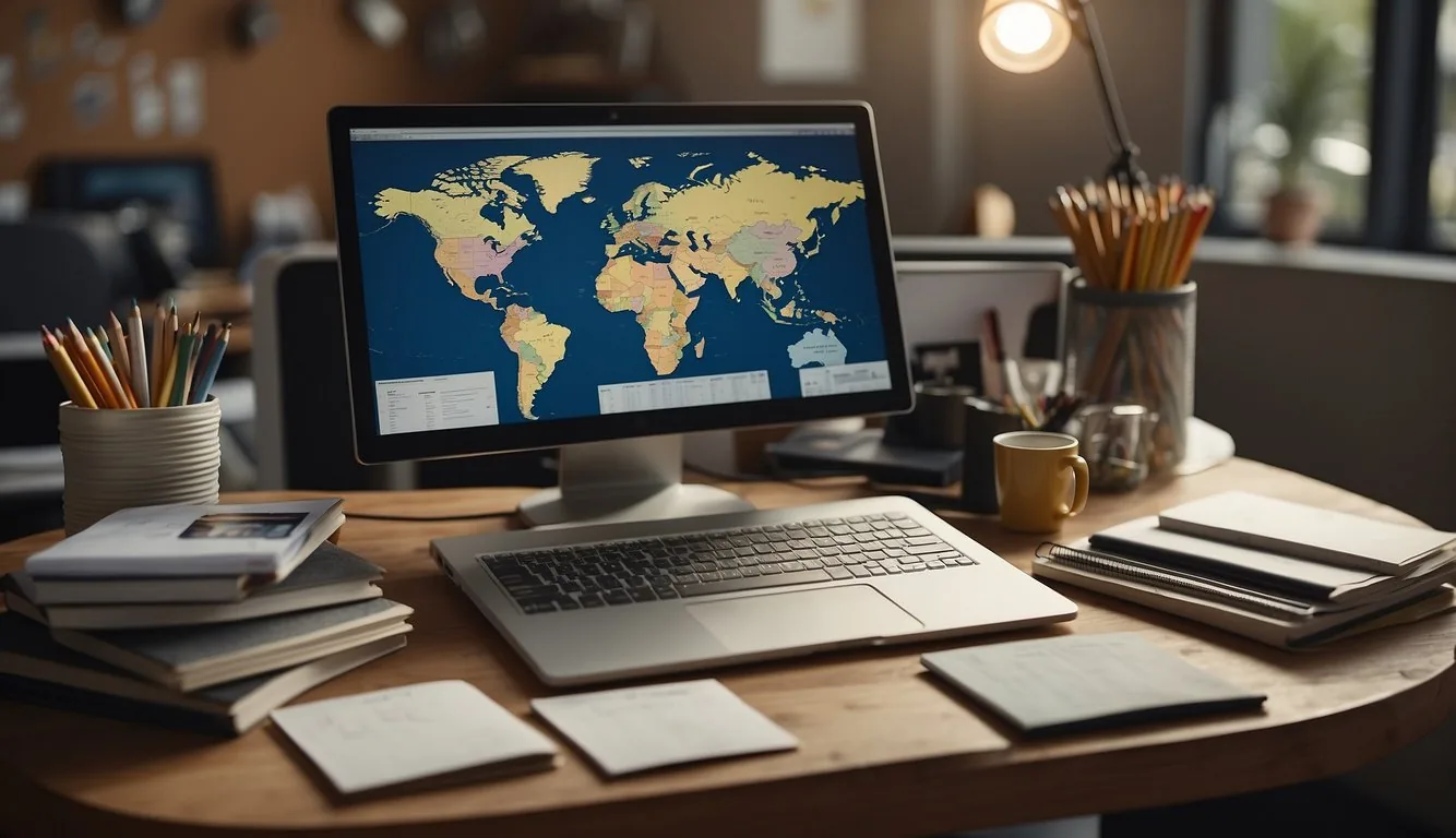A table covered in sketchbooks, pencils, and erasers. A computer with design software is open. A bulletin board displays inspiring images and words