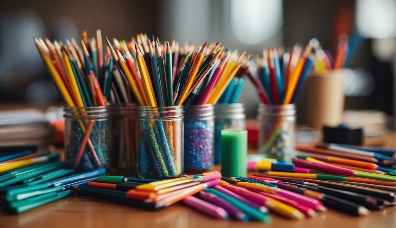A colorful array of art supplies, including pencils, markers, and paintbrushes, arranged on a clean, well-lit desk