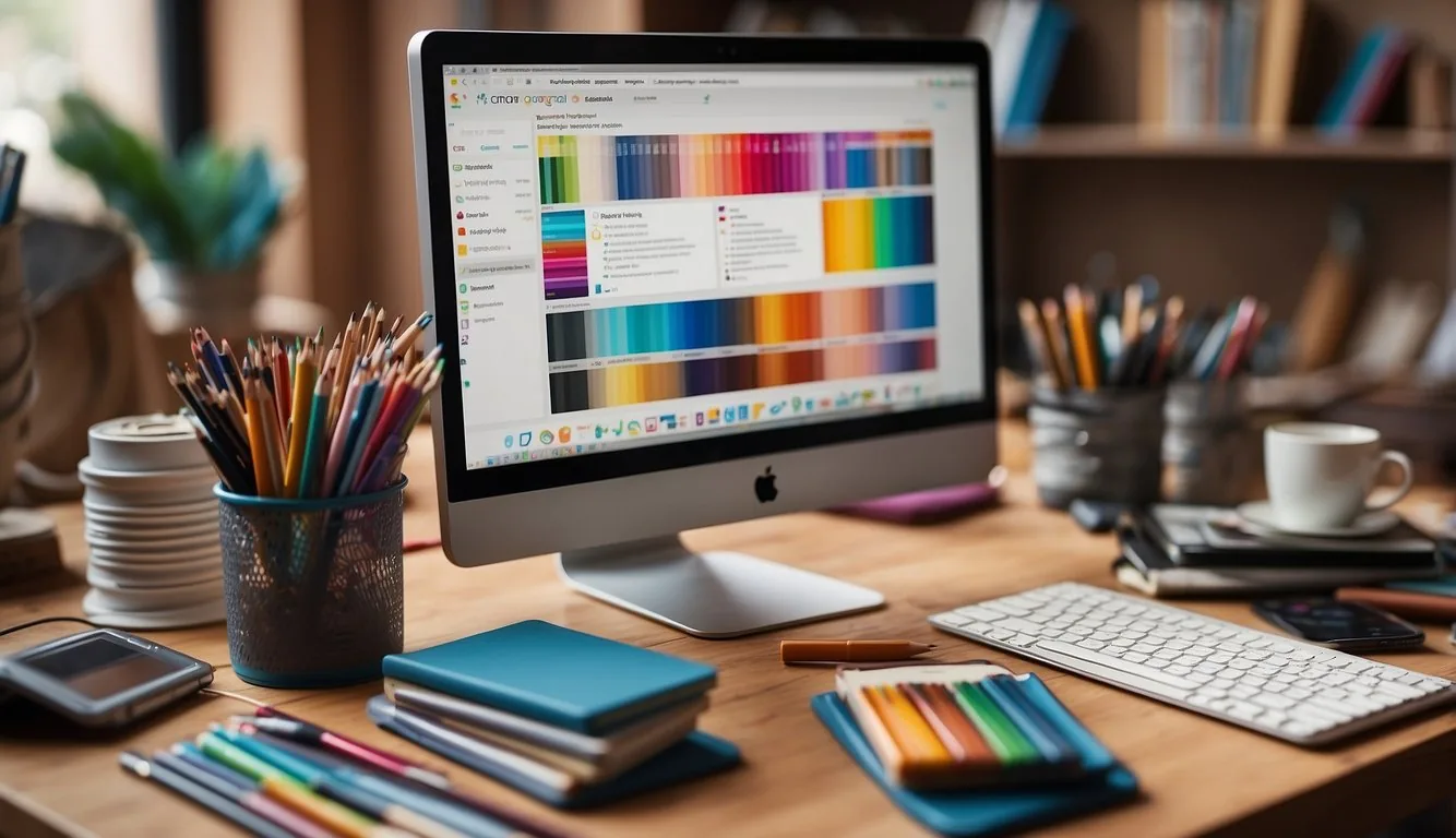 A colorful array of art supplies and a computer screen displaying "Beginner-Friendly Tutorials" logo. A cozy, well-lit workspace with a sketchbook and pencil