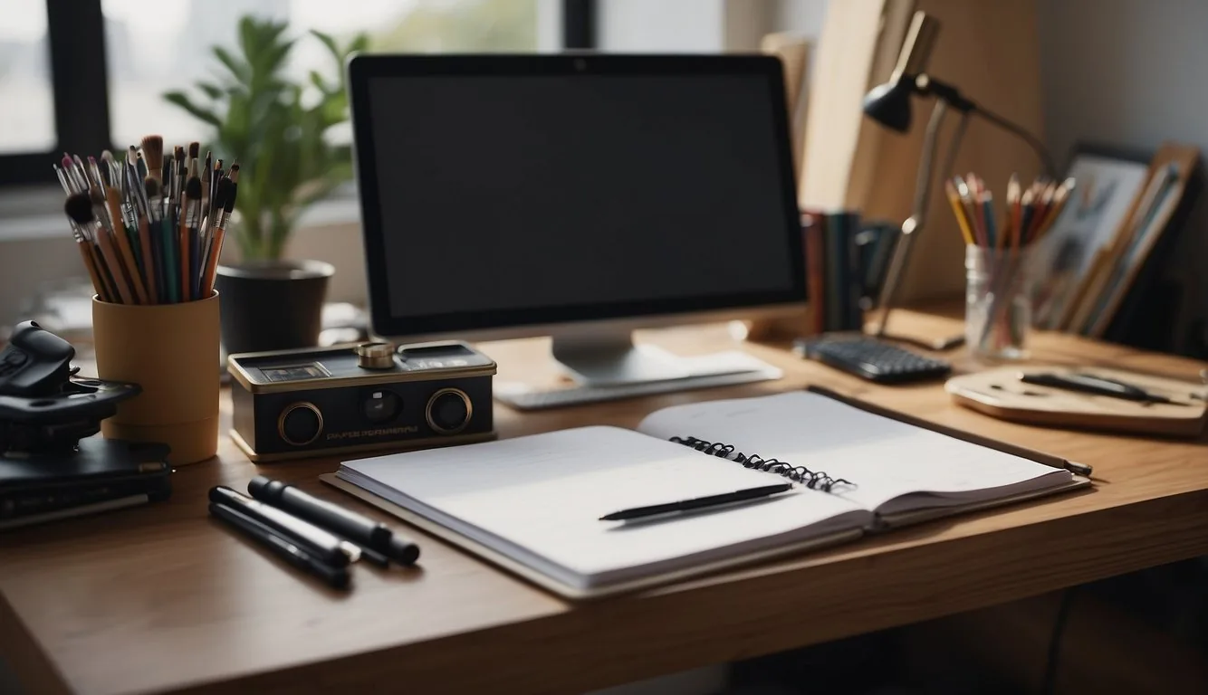 A table with art supplies, a sketchbook, and a computer displaying "Professional Art Techniques drawing channel name ideas."
