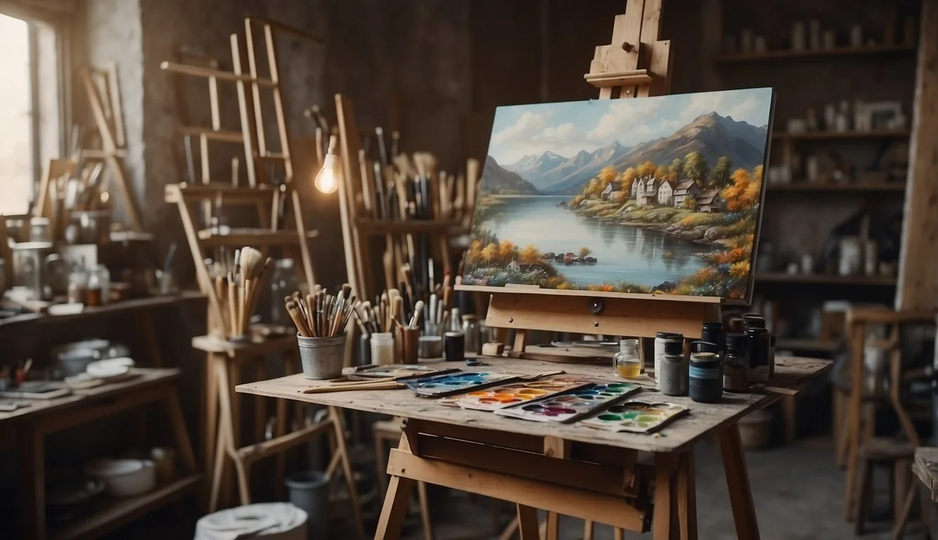 A cluttered art studio with paintbrushes, palettes, and sketchbooks. A vintage easel holds a blank canvas, surrounded by tubes of oil paints and charcoal sticks