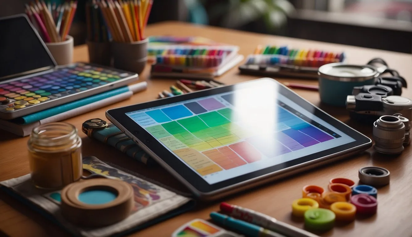 A colorful palette of art supplies arranged on a desk, with a sketchbook open to a blank page and a tablet displaying cartooning tutorials