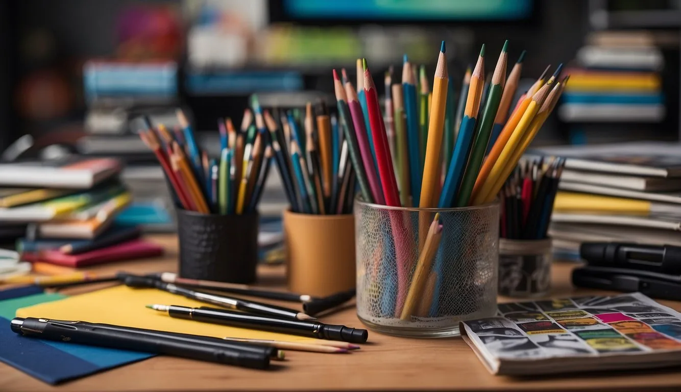 A colorful palette of art supplies, including pencils, markers, and brushes, arranged on a desk with a blank sketchbook and a computer displaying various comic book and manga art references