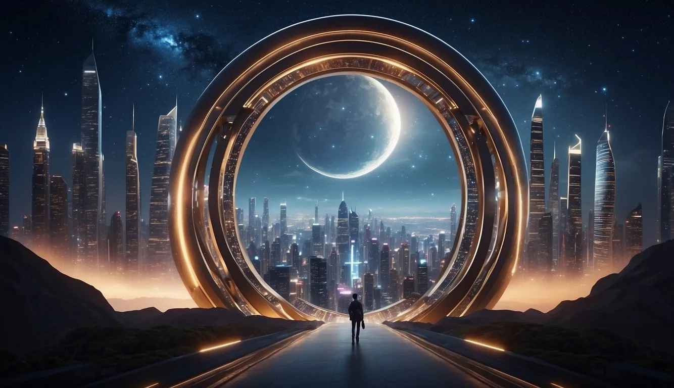 A magical portal opens in a starry sky, revealing a futuristic cityscape with towering skyscrapers and flying vehicles