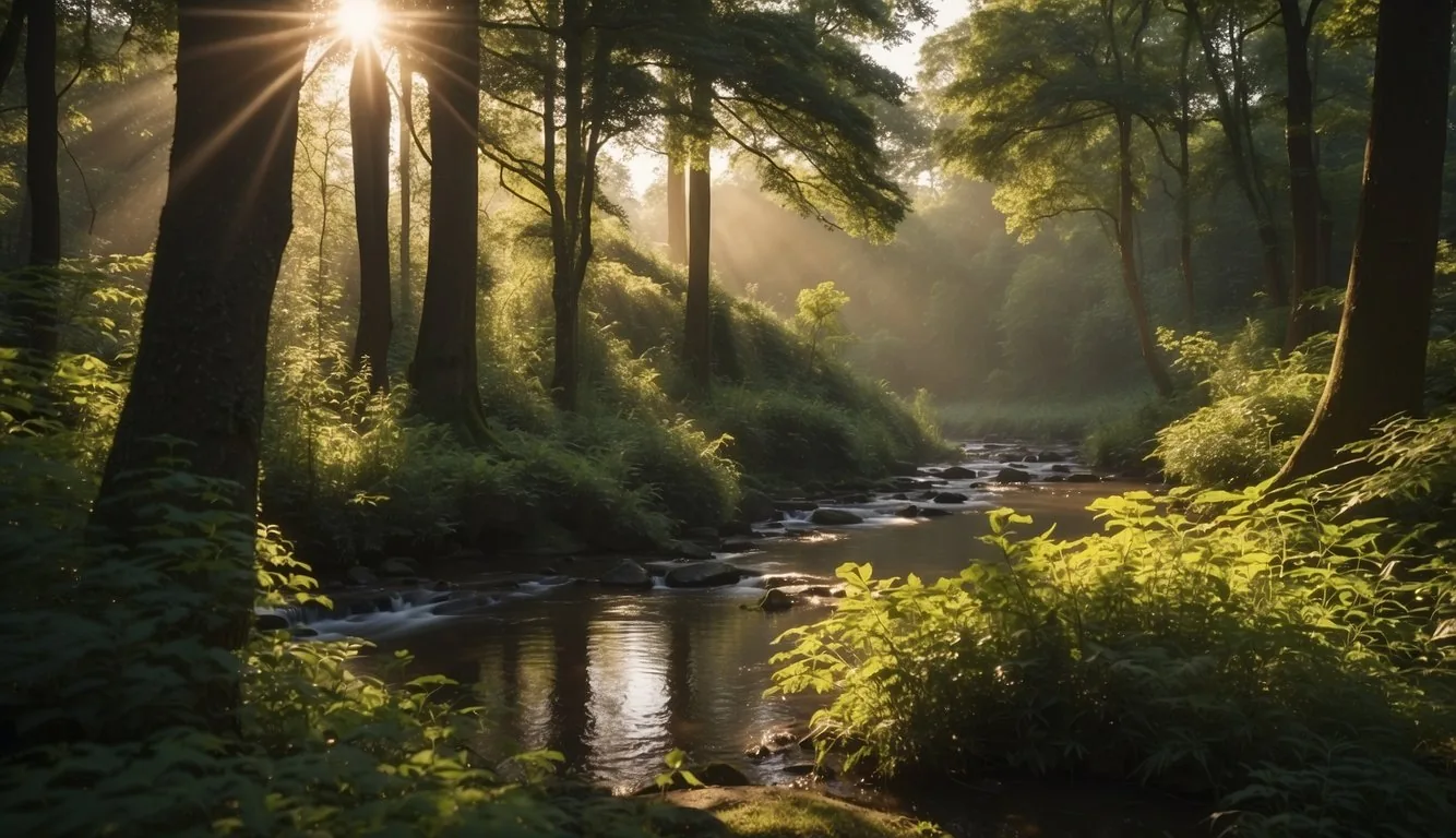 Lush forest with diverse wildlife, including birds, deer, and a flowing river. Sunlight filters through the canopy, casting dappled shadows