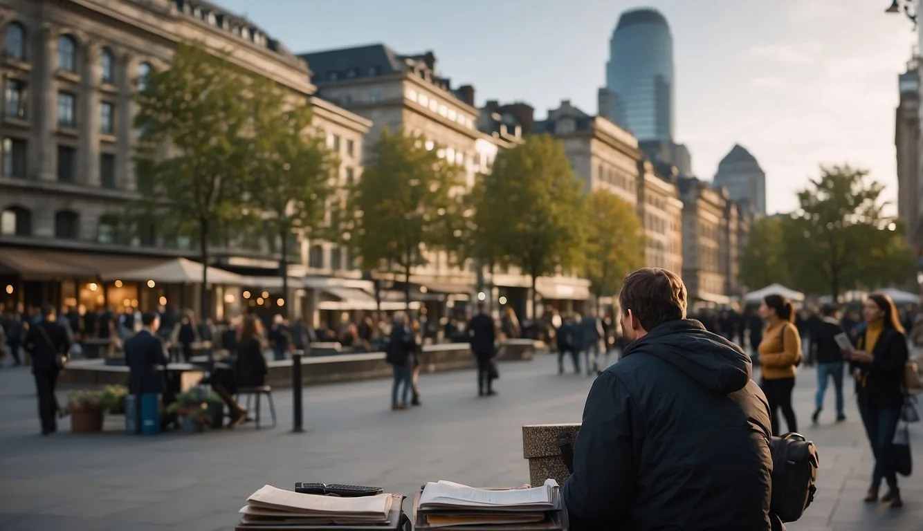 An artist sits in a bustling city square, sketchbook in hand, capturing the energy of the urban landscape. Tall buildings, busy streets, and people passing by provide the perfect inspiration for plein air drawing