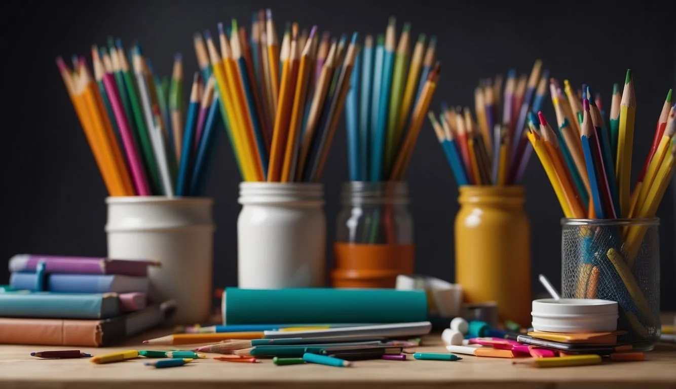 A colorful palette of art supplies surrounds a blank canvas, with a pencil and eraser at the ready. A computer screen displays various channel name ideas for an art challenges drawing channel