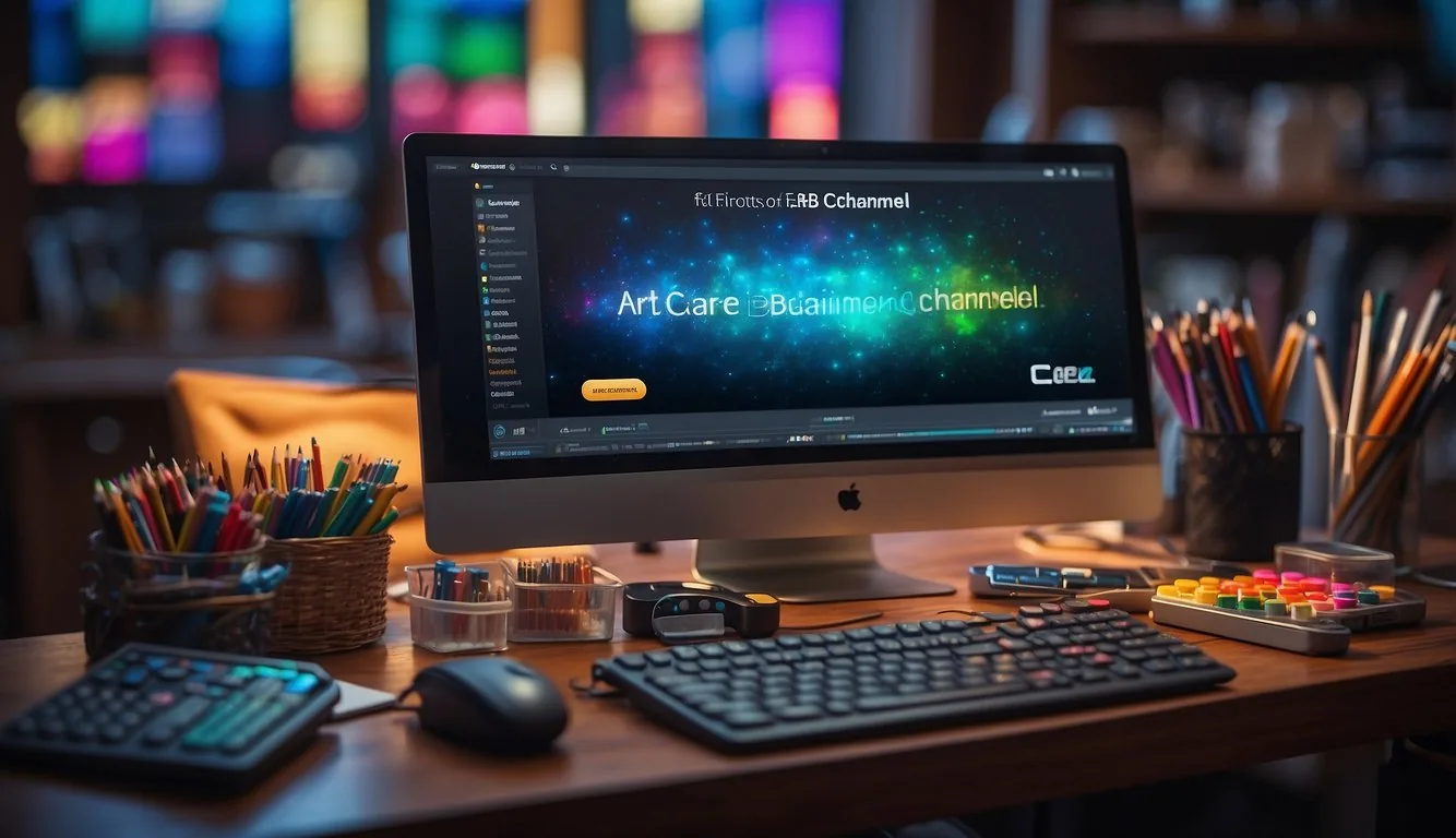A colorful palette of art supplies and a computer with "Art Career & Business drawing channel name ideas" on the screen