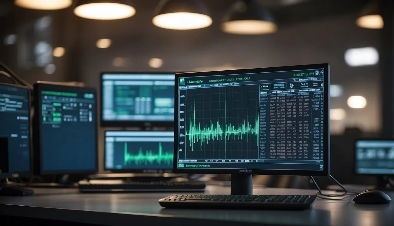 The computer screen shows a high CPU usage alert for the PDQ Inventory Agent. Multiple error messages pop up, while the computer fan whirs loudly in the background