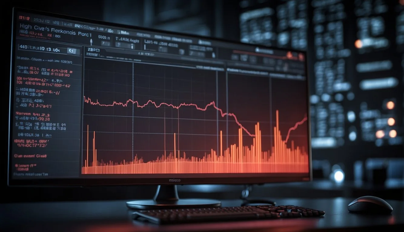 A computer monitor displaying a red alert for "High CPU Usage" with a graph showing a spike in activity