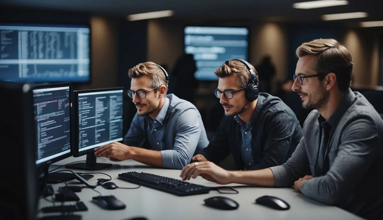Developers discussing and comparing top web frameworks, surrounded by computer screens and code snippets