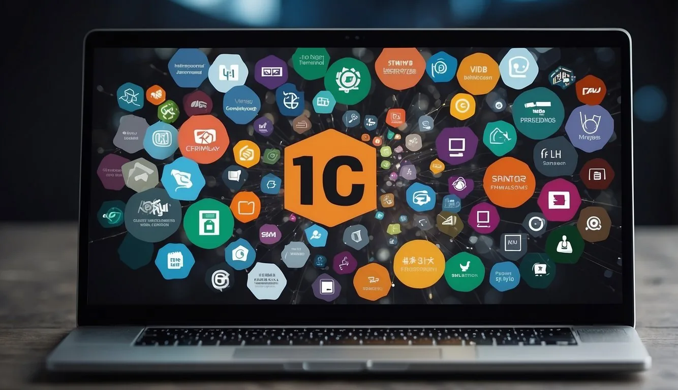 A computer screen displaying the top 10 web frameworks, with Vue.js highlighted and surrounded by other framework logos