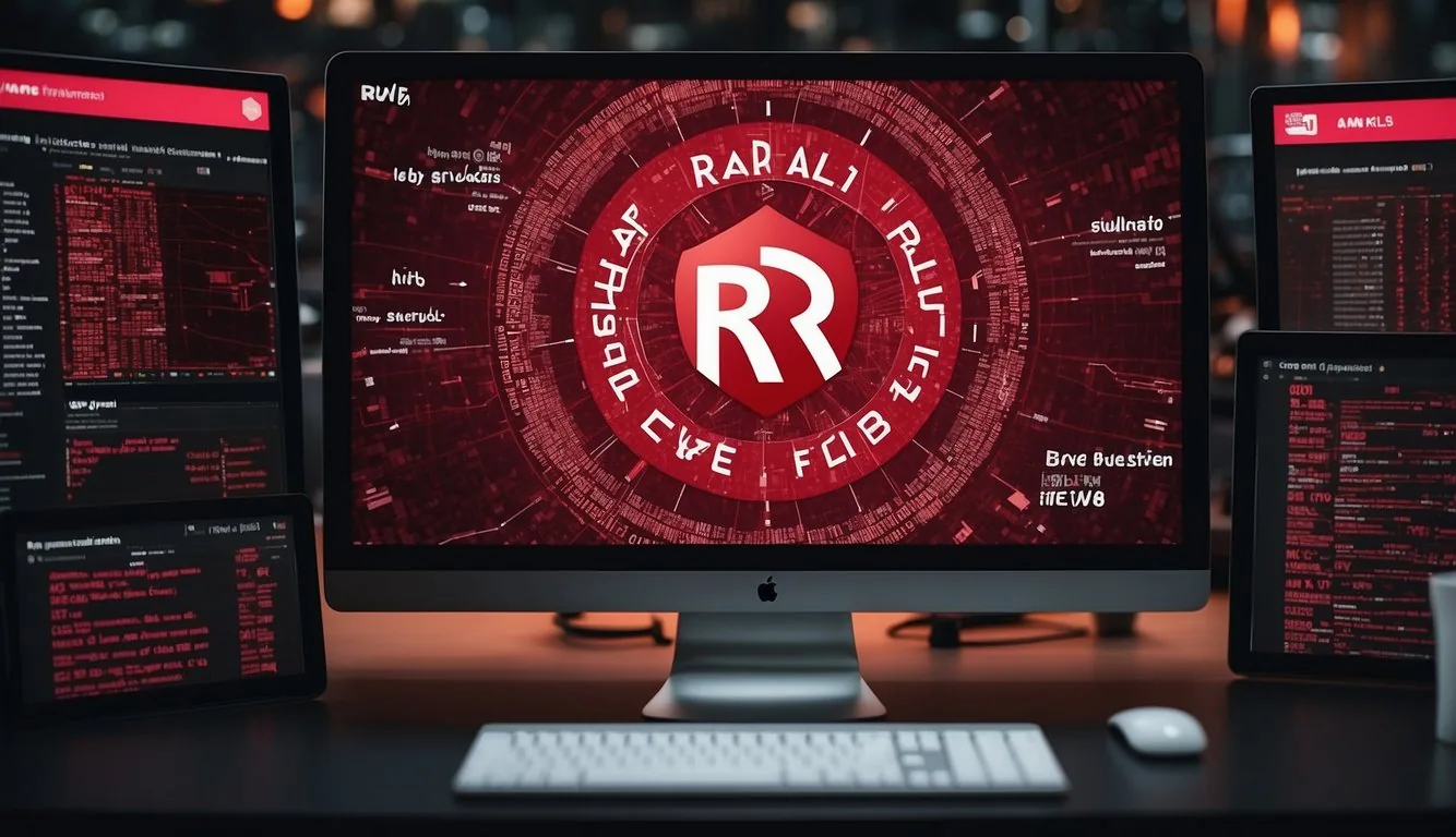 A computer screen displaying Ruby on Rails logo surrounded by code snippets and web framework comparisons