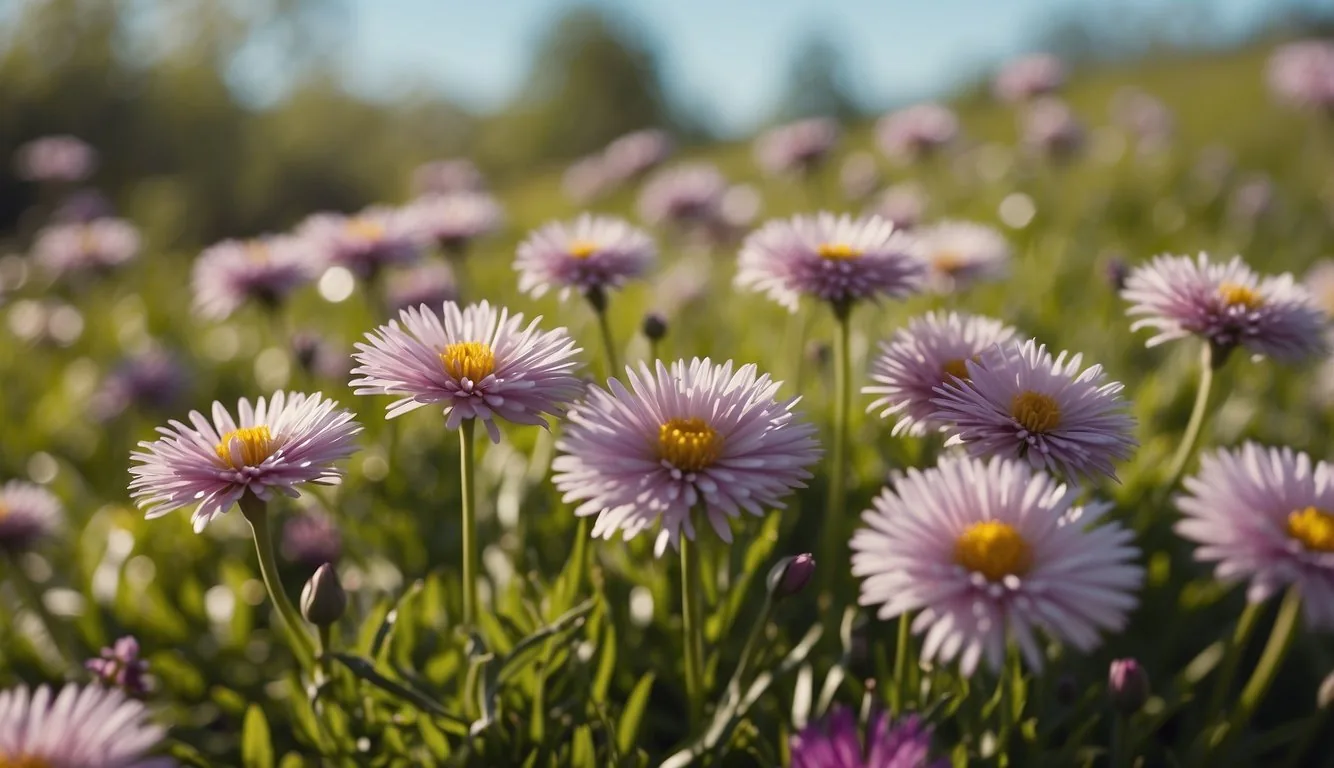 A vibrant spring landscape with 10 web framework logos blooming like flowers