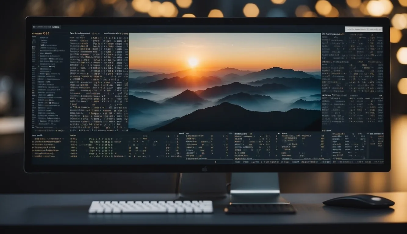 A computer screen displaying the Next.js logo surrounded by code snippets and web development tools