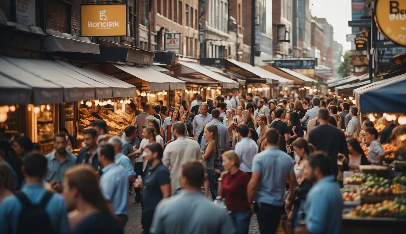 A bustling marketplace with various businesses and people interacting. Signs and logos of popular crowdsourcing platforms are prominently displayed