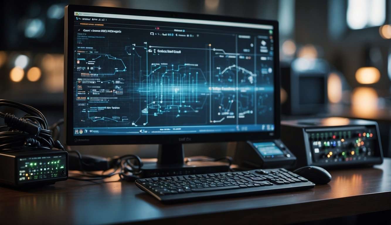 A computer screen displaying network settings and diagnostic tools with cables and routers in the background