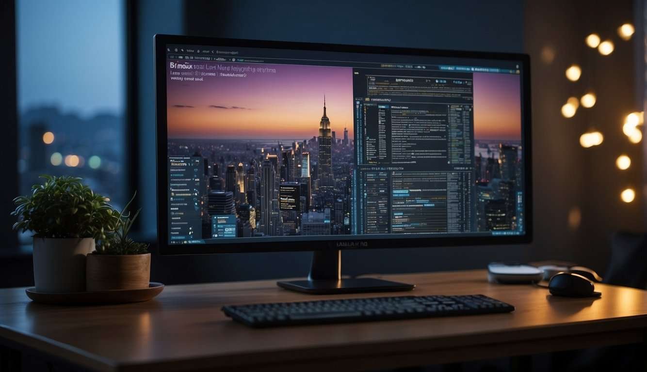 A computer screen displaying network configuration files with a command line interface, while a troubleshooting guide for network connectivity in Linux is open on the desk