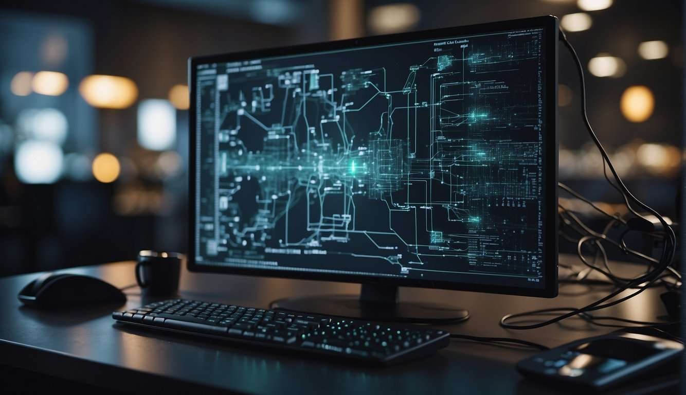 A computer screen displaying a network diagram with various devices connected, while a command line interface shows diagnostic commands being run